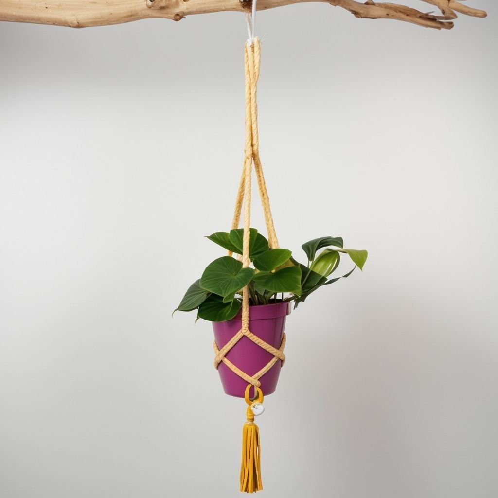 Fioletowa wisząca doniczka makrama - obrazek 2