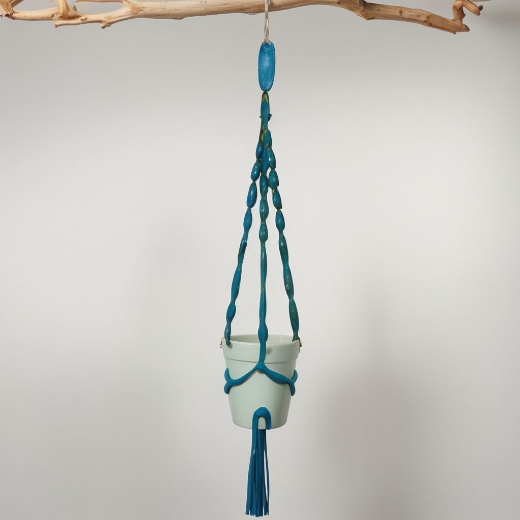 Niebieska wisząca doniczka makrama - obrazek 4